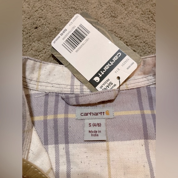 NWT!CARHARTT WOMAN LIGHT PURPLE RELAXED 3/4 SLEEVE PLAID SHIRT / SIZE S 4/6 - Picture 5 of 8